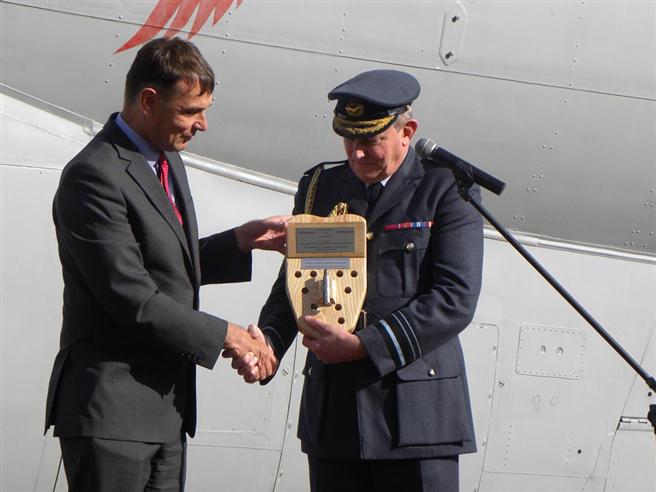 Peter Dye presenting a unique gift to Air Marshal Leeson on his retirement from the RAF.