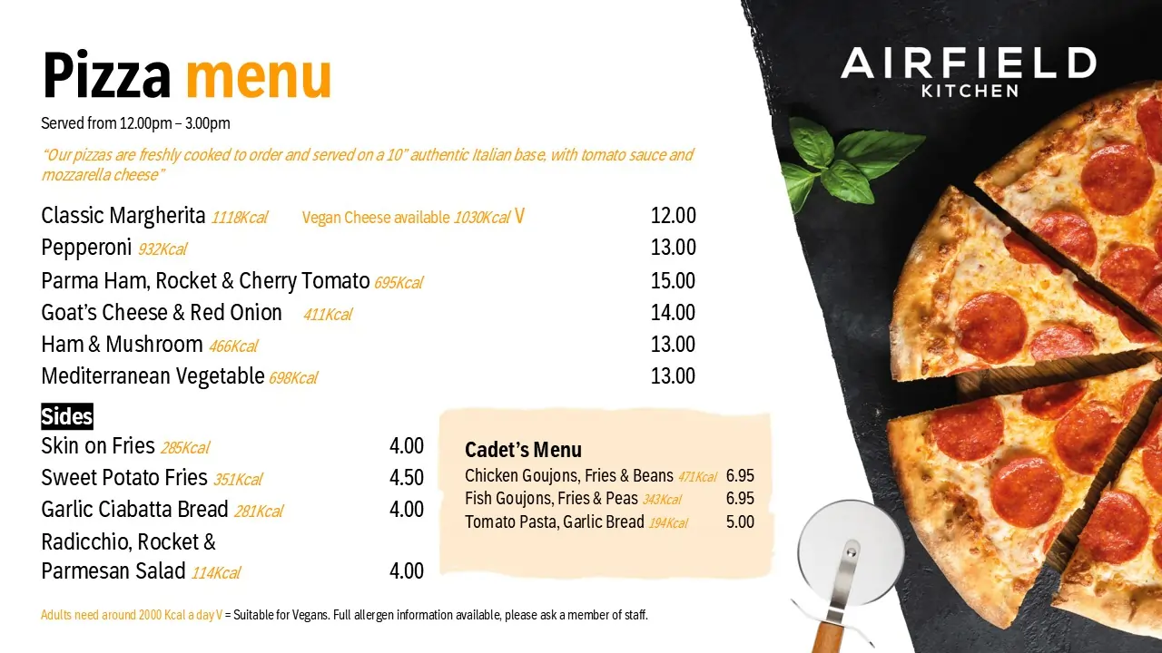 Summer 2025 pizza menu at airfield kitchen