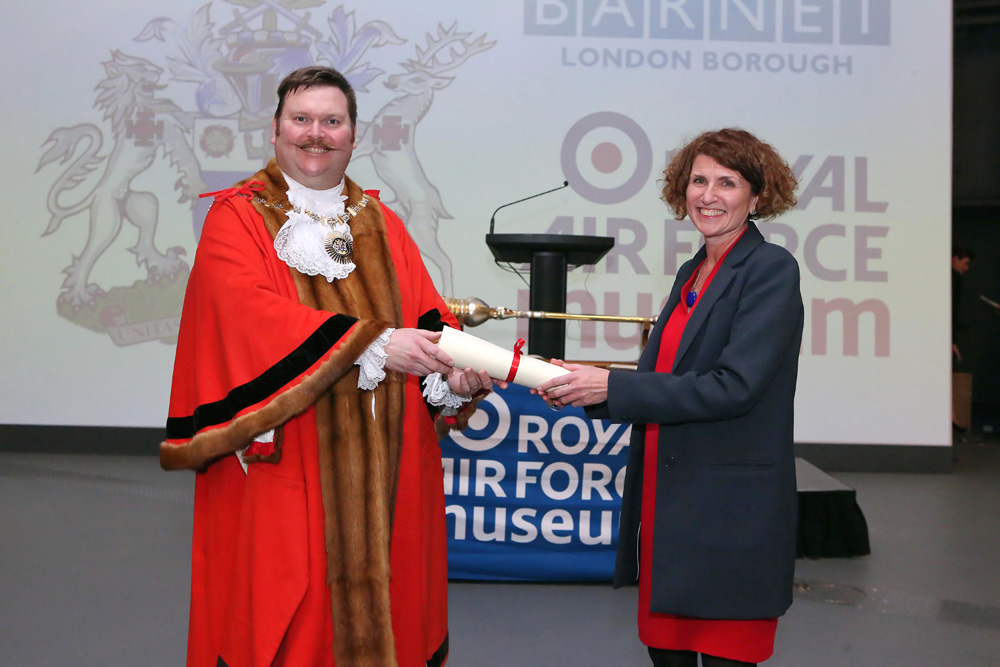 Councillor Reuben Thompstone, The Worshipful Mayor of Barnet presenting Museum CEO Maggie Appleton with the Museum's Freedom of the Borough Councillor Reuben Thompstone, The Worshipful Mayor of Barnet presenting Museum CEO Maggie Appleton with the Museum's Freedom of the Borough