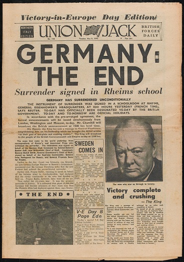 Union Jack British Forces daily newspaper, Northern Italy Edition, No 140, 8 May 1945; VE Day Edition.  Credit NAM