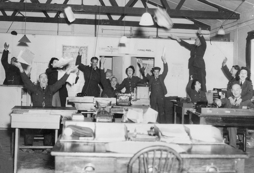 Orderly room celebrating victory in Europe, RAF Andover_RAF Museum