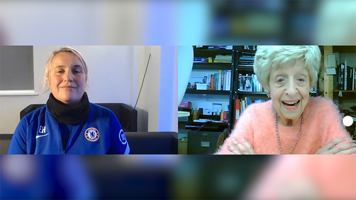 Emma Hayes, manager of Chelsea women, speaking to Ruth Bourne, a Jewish British Royal Naval Veteran