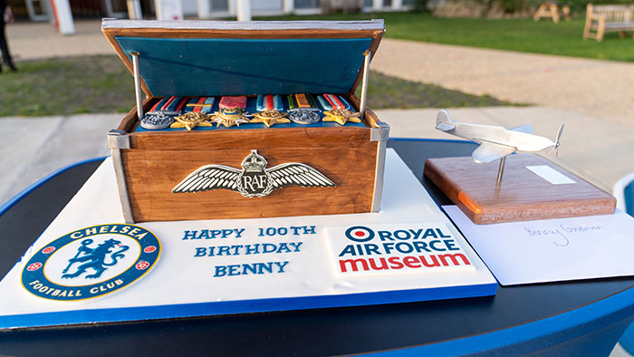 Benny Goodman's 100th Birthday cake from Chelsea, plus Spitfire Sculpture made by the Museum's Apprentices