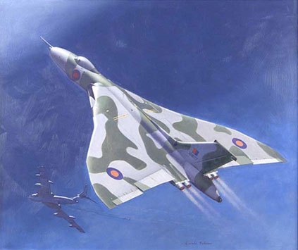 An Avro Vulcan B2 after being refuelled by a Handley Page Victor K2 tanker during the Falklands War by Gerald Palmer An Avro Vulcan B2 after being refuelled by a Handley Page Victor K2 tanker during the Falklands War by Gerald Palmer