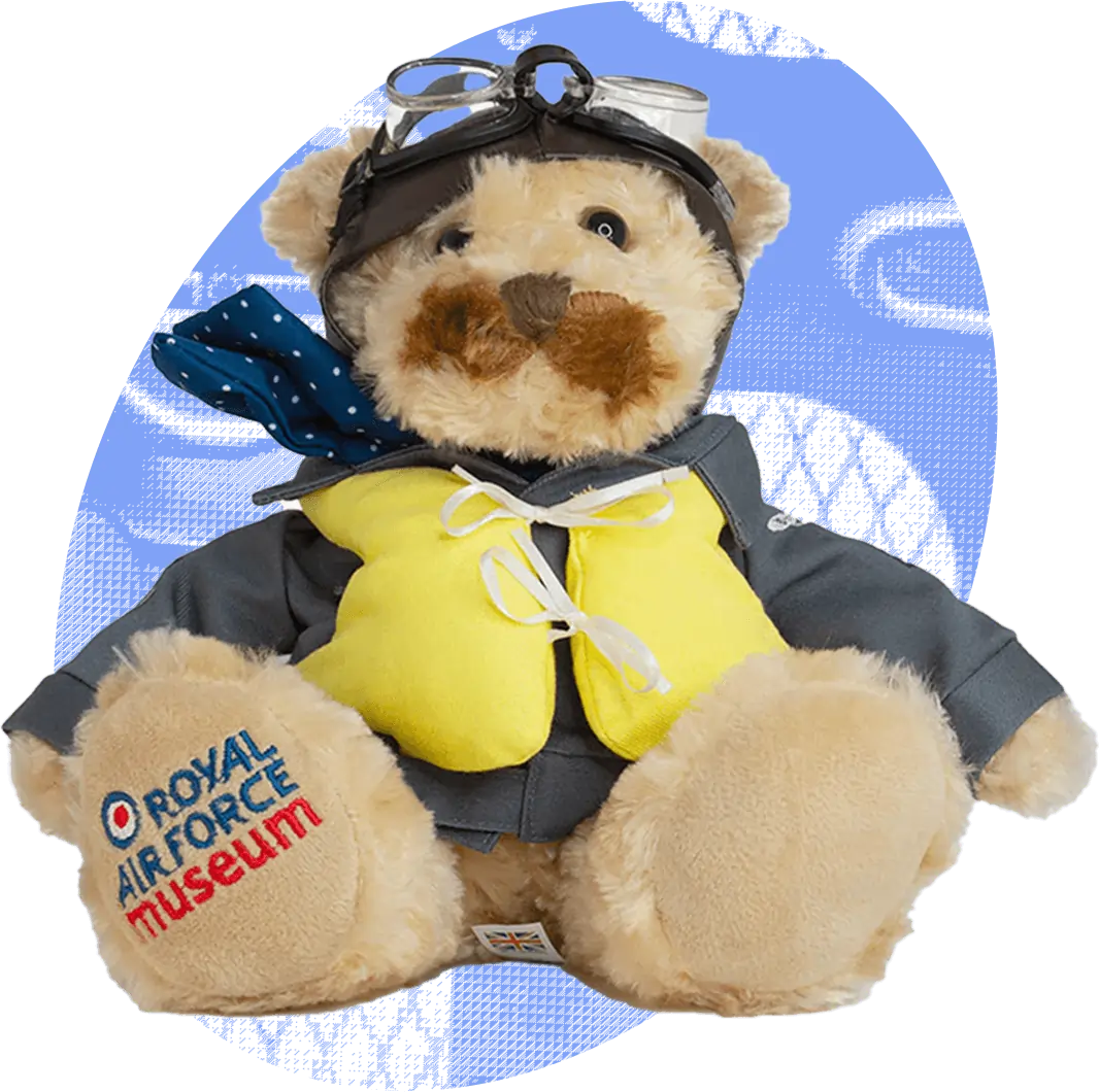 RAF Museum shop soft toy bear in a yellow pilot outfit